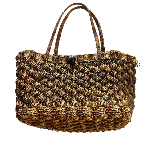 Wicker Rattan Woven Bohemian Two-toned Handbag Two Handle - Picture 1 of 14